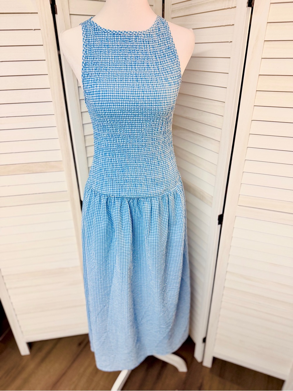 Zara Blue Gingham Sleeveless MAXI Dress SMOCKED BODICE SZ XS ADORABLE VERY COMFY